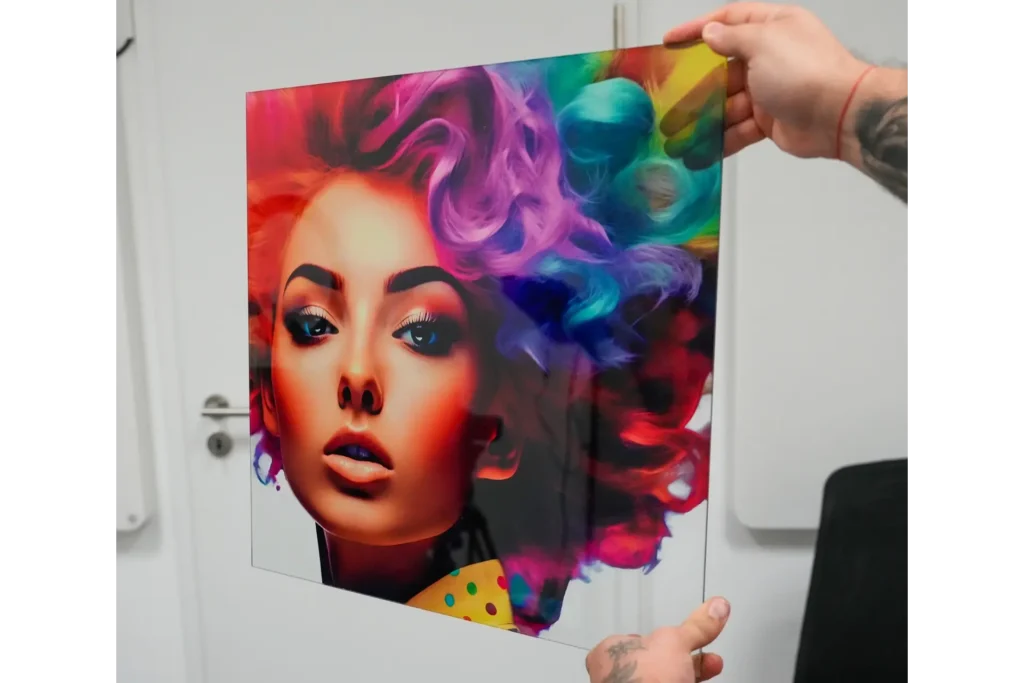 Acrylglas-Bild mit buntem Pop-Art-Frauenporträt und regenbogenfarbenen Haaren, gehalten vor weißer Tür